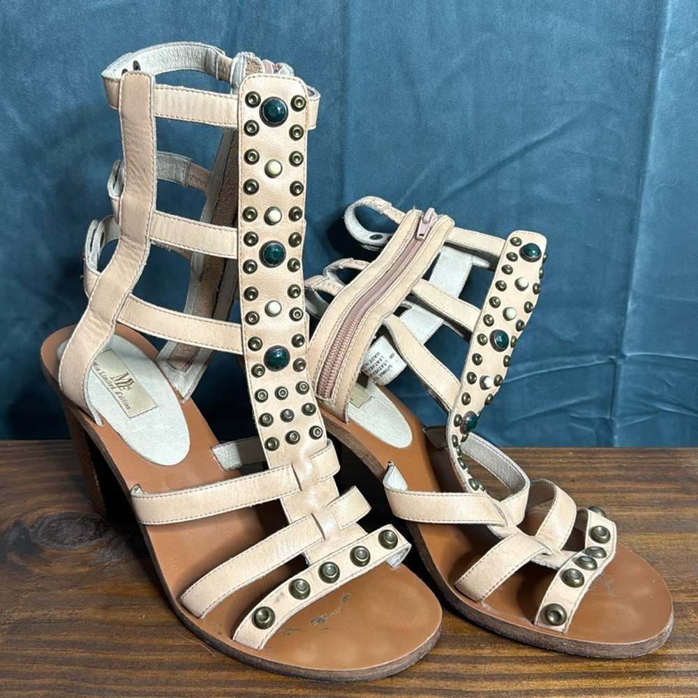 Block Heel Tan Leather Gladiator Sandals